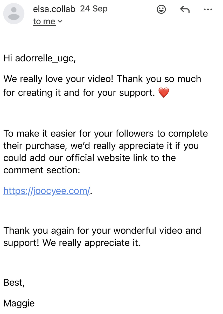 Message from Joocyee praising Adorelle's content